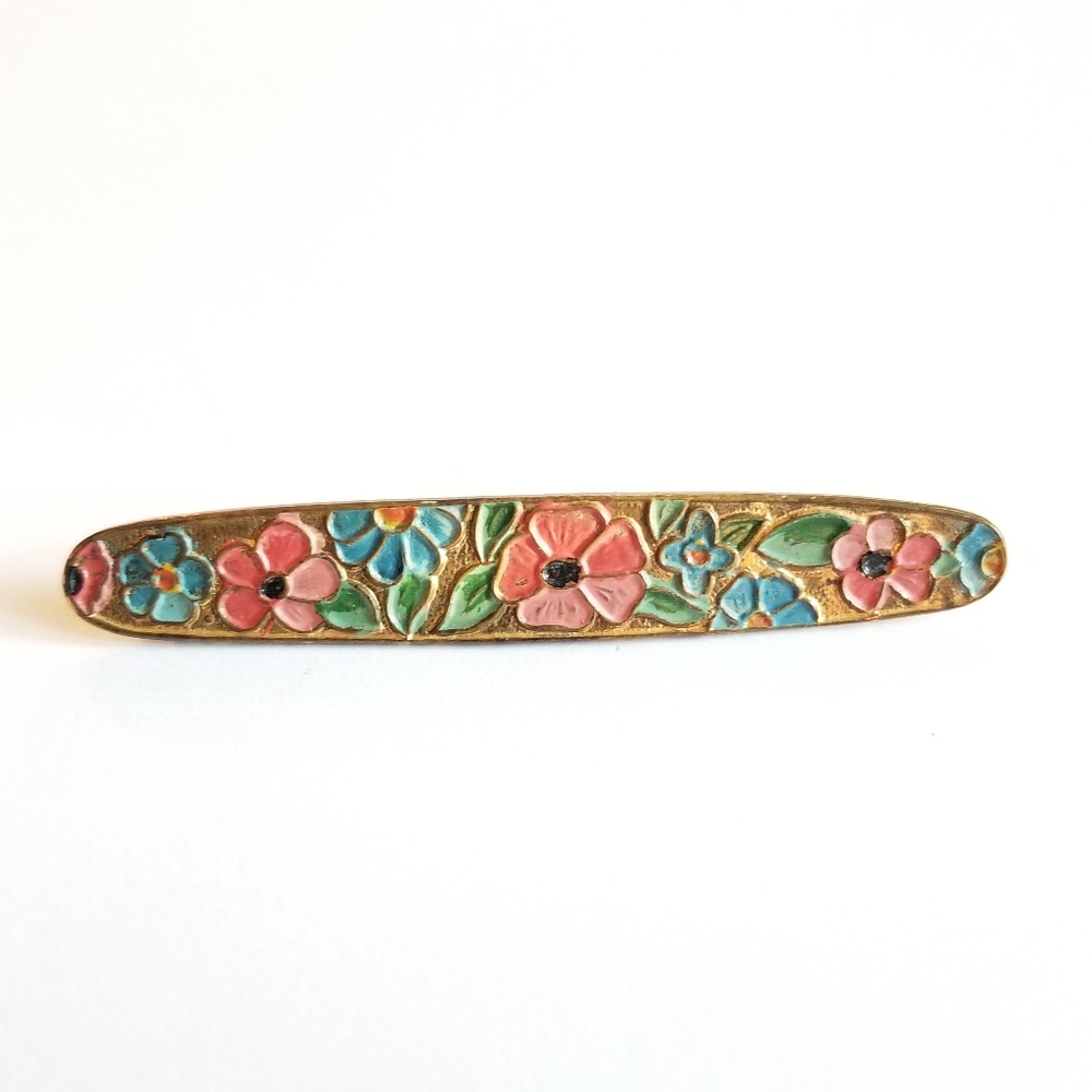 Vintage enamel flowers bar pin pink gold tone brooch floral